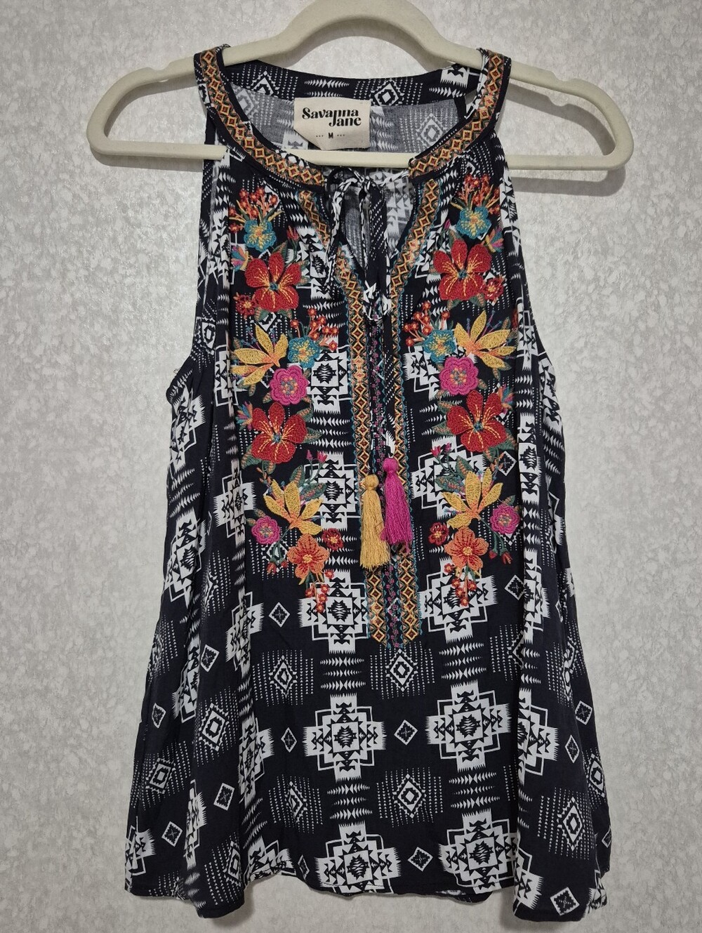 Savanna Jane Navy Embroidered Floral Halter Top...Size:M